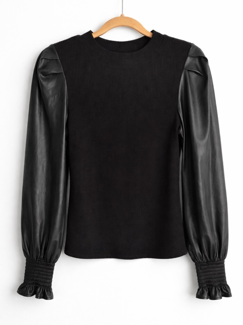 Anthro Dolan Black Faux Leather Puff Sleeve Top Rib Knit Size S Dark Romance